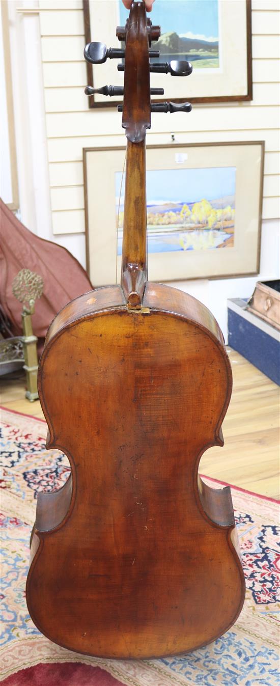 A full sized cello bearing label Arthur Richardson ... and two bows (one silver mounted), the other signed Wilhelm ... uhl